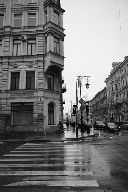 Monochrome urban scene with wet road and historic architecture.