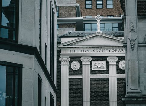 View of the historic Royal Society of Arts building in London, an iconic architectural landmark.