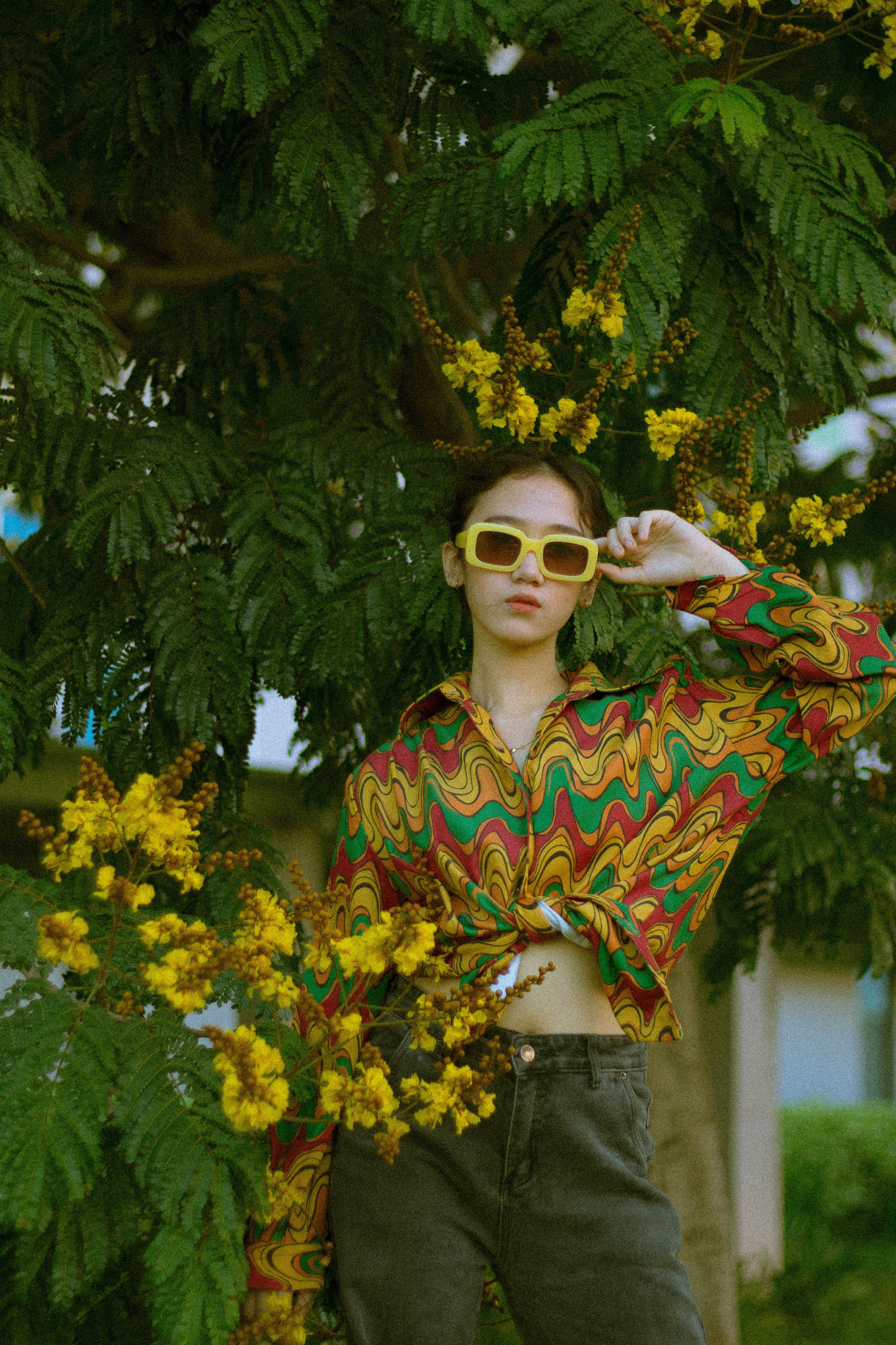 Woman in Sunglasses Posing under Tree · Free Stock Photo