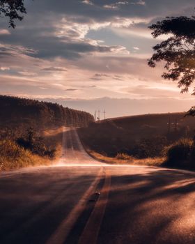 Experience the tranquility of an asphalt road winding through scenic fields and forests in Piquete, SP, Brazil.