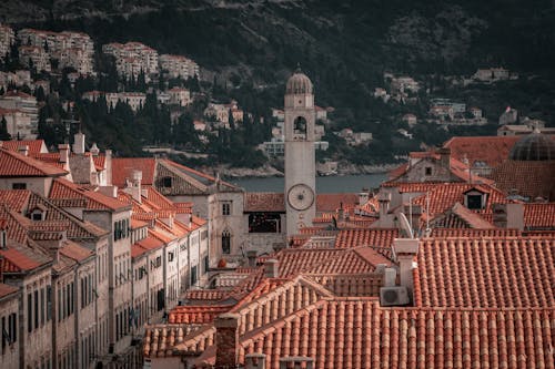 Citysscape of Dubrovnik with Red Roofs and Clock Tower