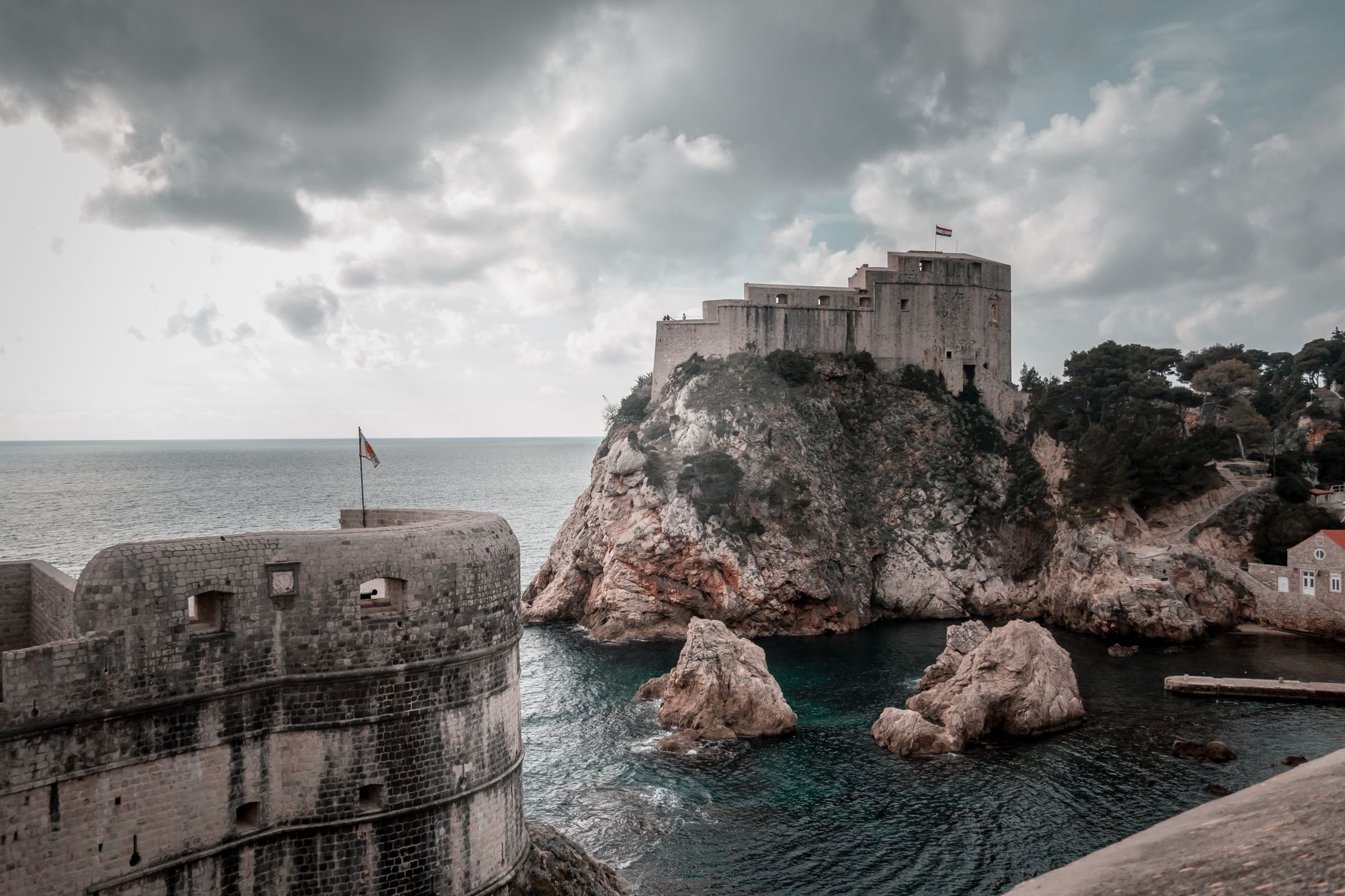 Empty Stradun in Dubrovnik on a grey January morning with festive lights still hanging