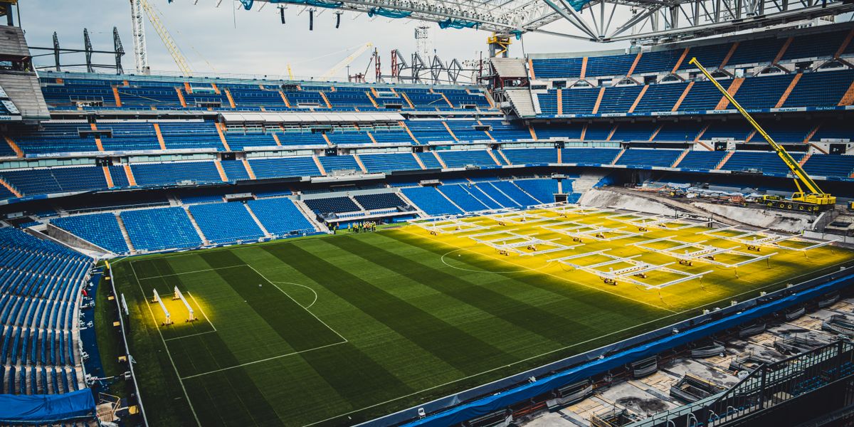 Aerial view of the Santiago Bernabeu stadium in Madrid during redevelopment