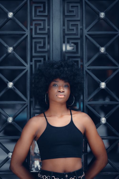 Free Stylish woman with Afro hair and hoop earrings in front of ornamental gate. Stock Photo