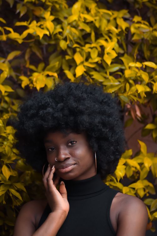 Free Stunning portrait of a woman with afro hair against a vibrant leafy background. Stock Photo