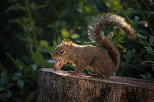 A brown squirrel holds a nut in its mouth, perched on a tree stump in a forest setting.