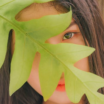 一幅女子的艺术肖像半掩在绿叶之后，凸显了自然之美