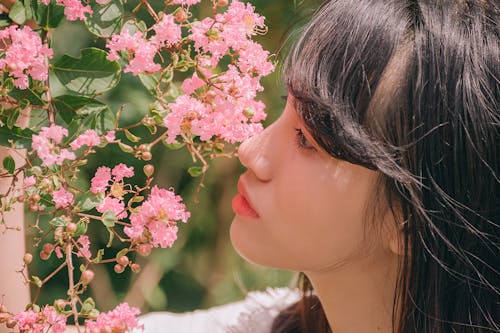 Close-Up Photography of Girl Near Pink Flower