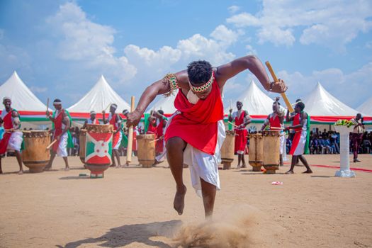 Vibrant traditional dance performance captured at a cultural festival in Burundi.