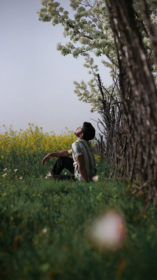 A Man Sitting on the Grass Field