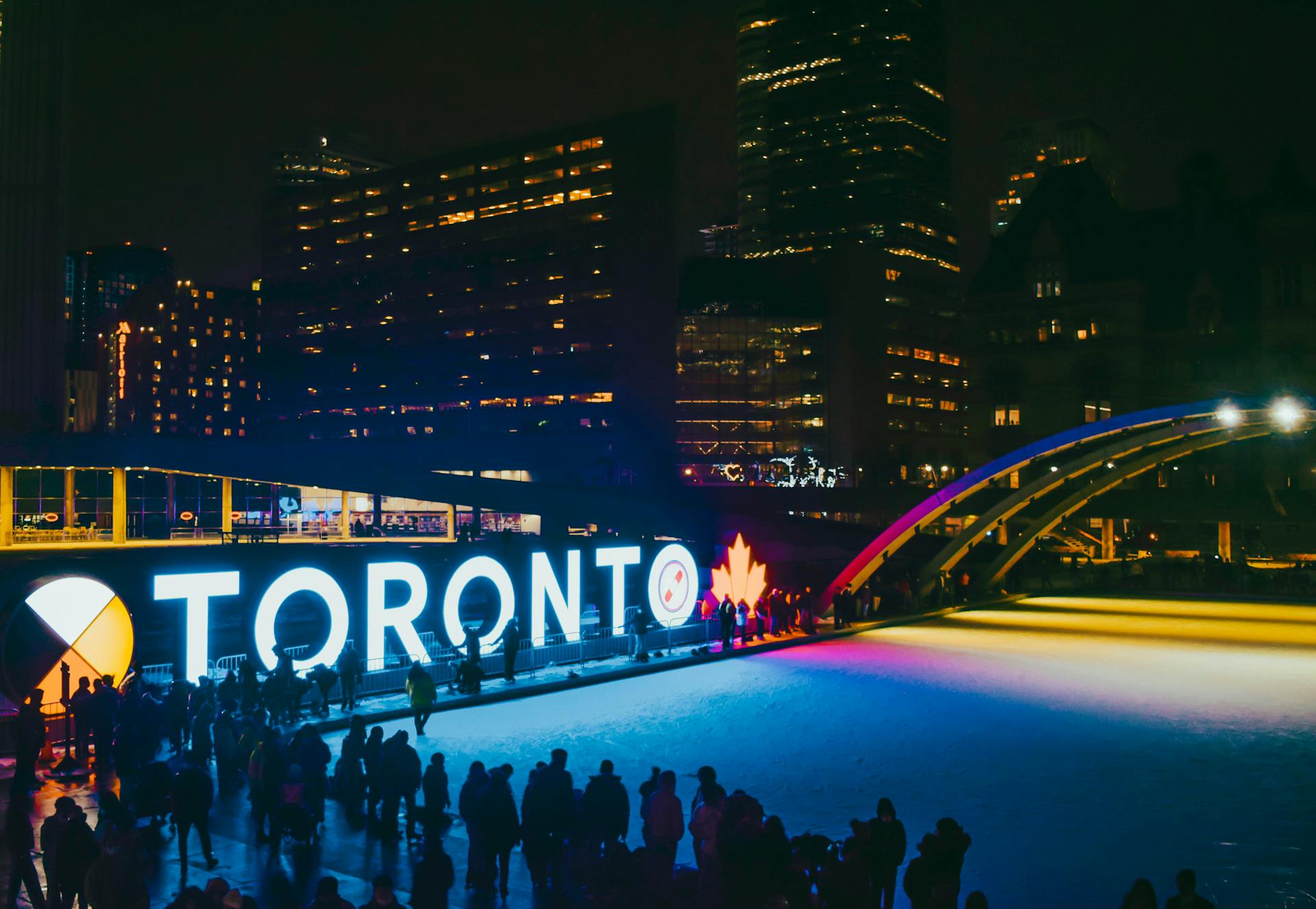 Ice Rink at Nathan Phillips Square during Nighttime in Toronto, Canada