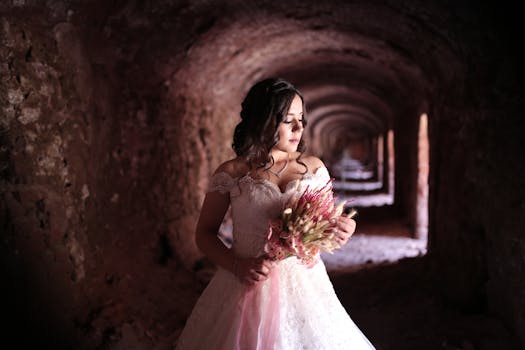 A beautiful bride in a lacy wedding dress holds a vibrant bouquet within a rustic tunnel.