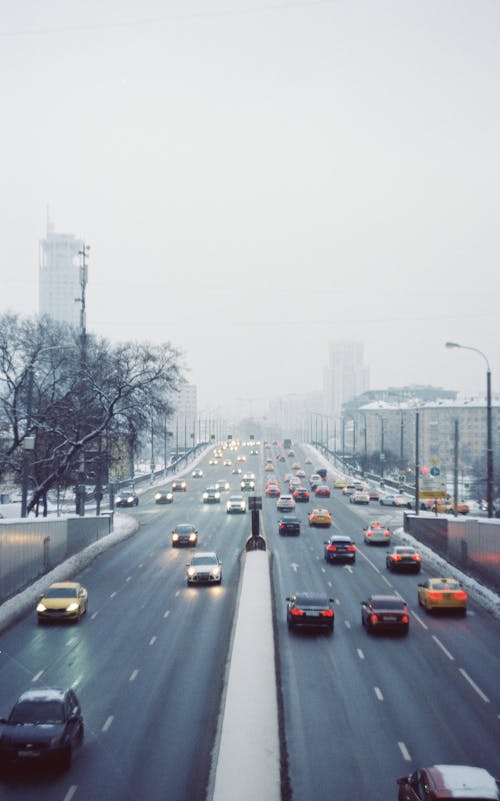 Vehicles on the Road on a Foggy Day