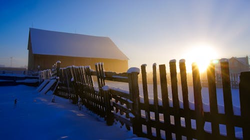 Foto profissional grátis de casa, cerca de madeira, chão coberto de neve
