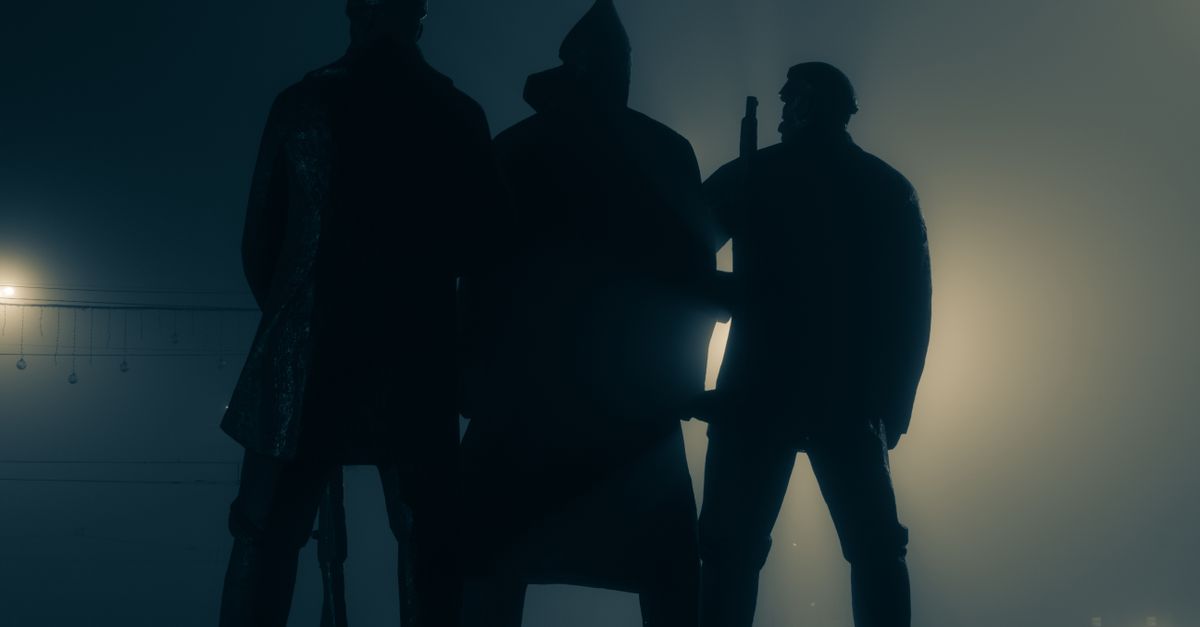 dramatic political thriller scene with moody lighting and silhouettes