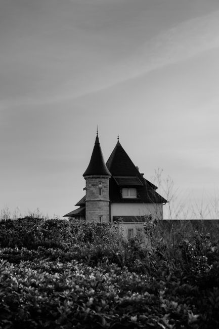 Black and white photo of a gothic style house with a distinctive tower.