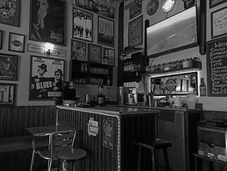 Vintage café with classic posters and warm interior ambiance.