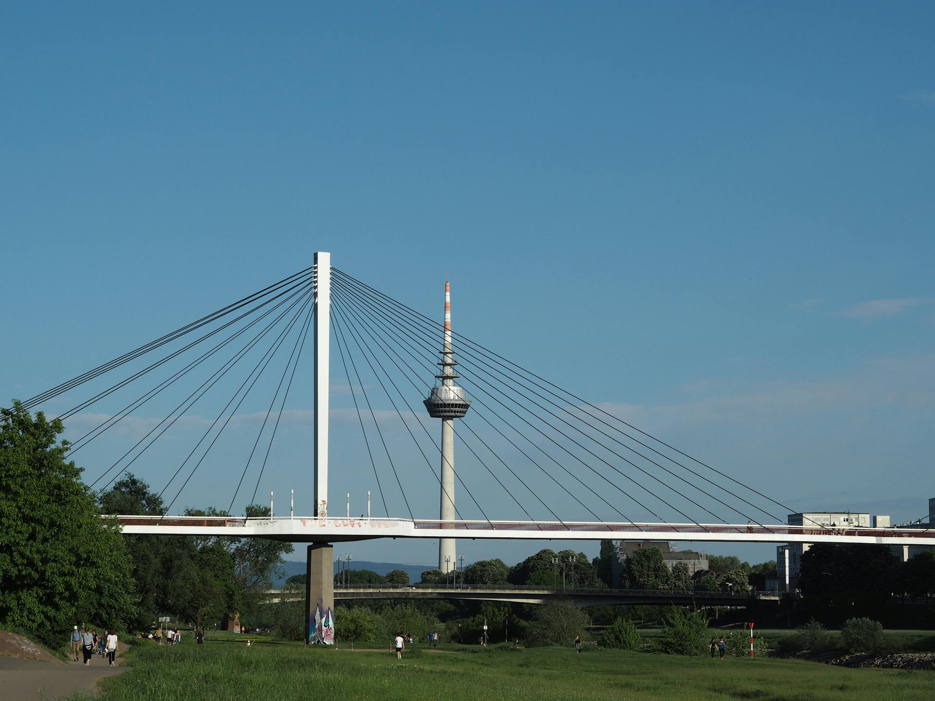 Mannheim Telecommunications Tower and Kurt Schumacher Bridge in Germany Under Blue Sky