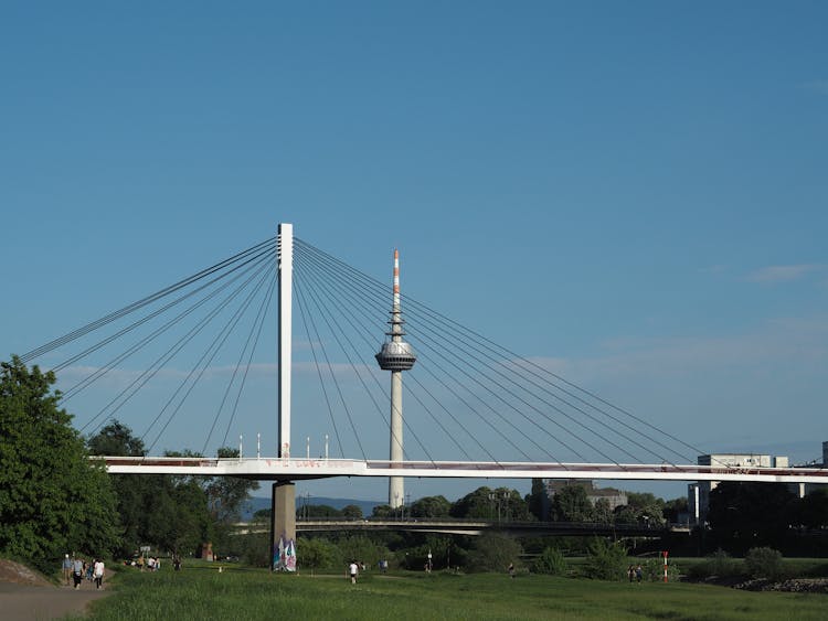 Mannheim Telecommunications Tower And Kurt Schumacher Bridge In Germany Under Blue Sky