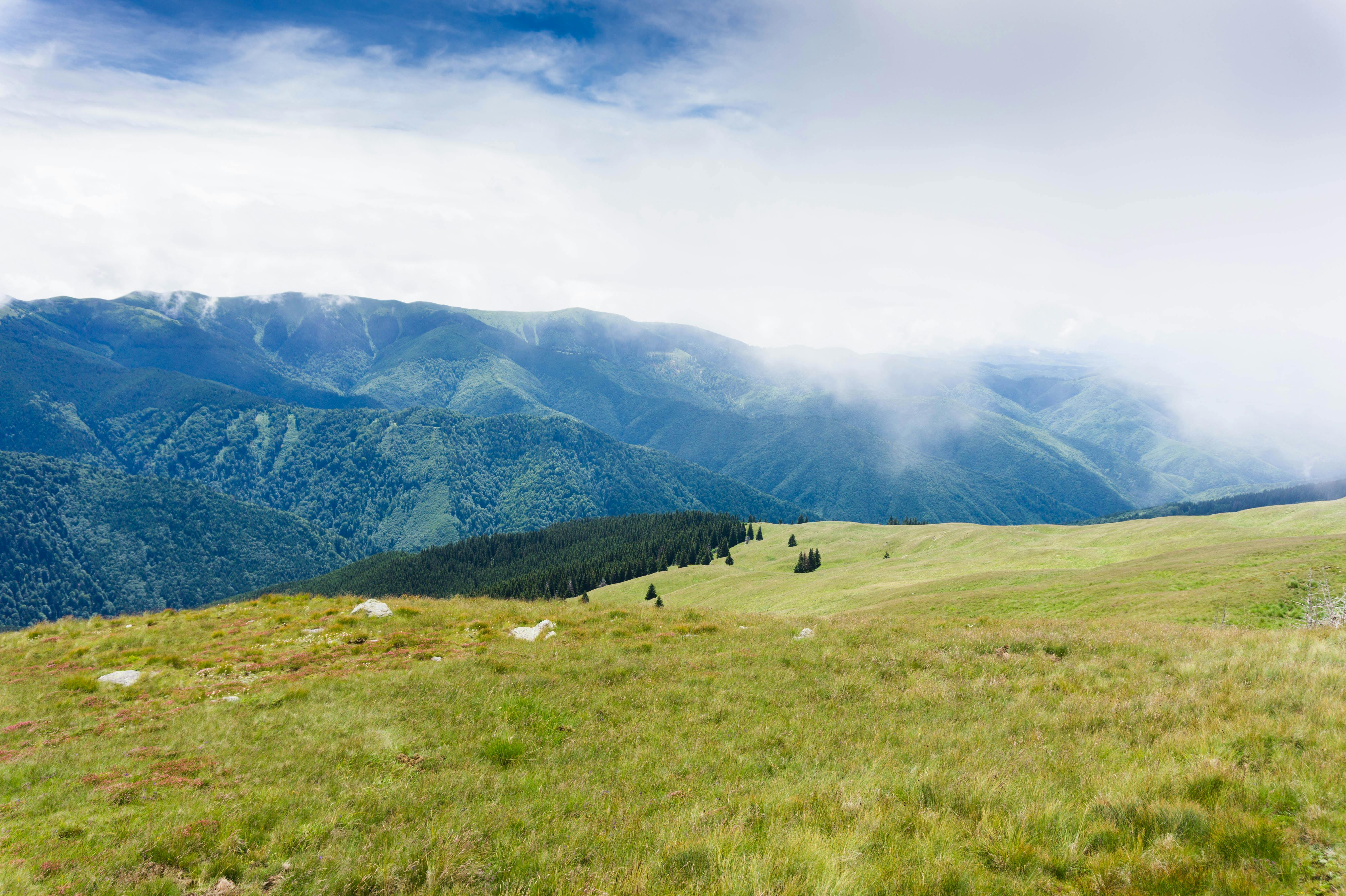蓝天之下，郁郁葱葱的绿色山脉笼罩在雾中