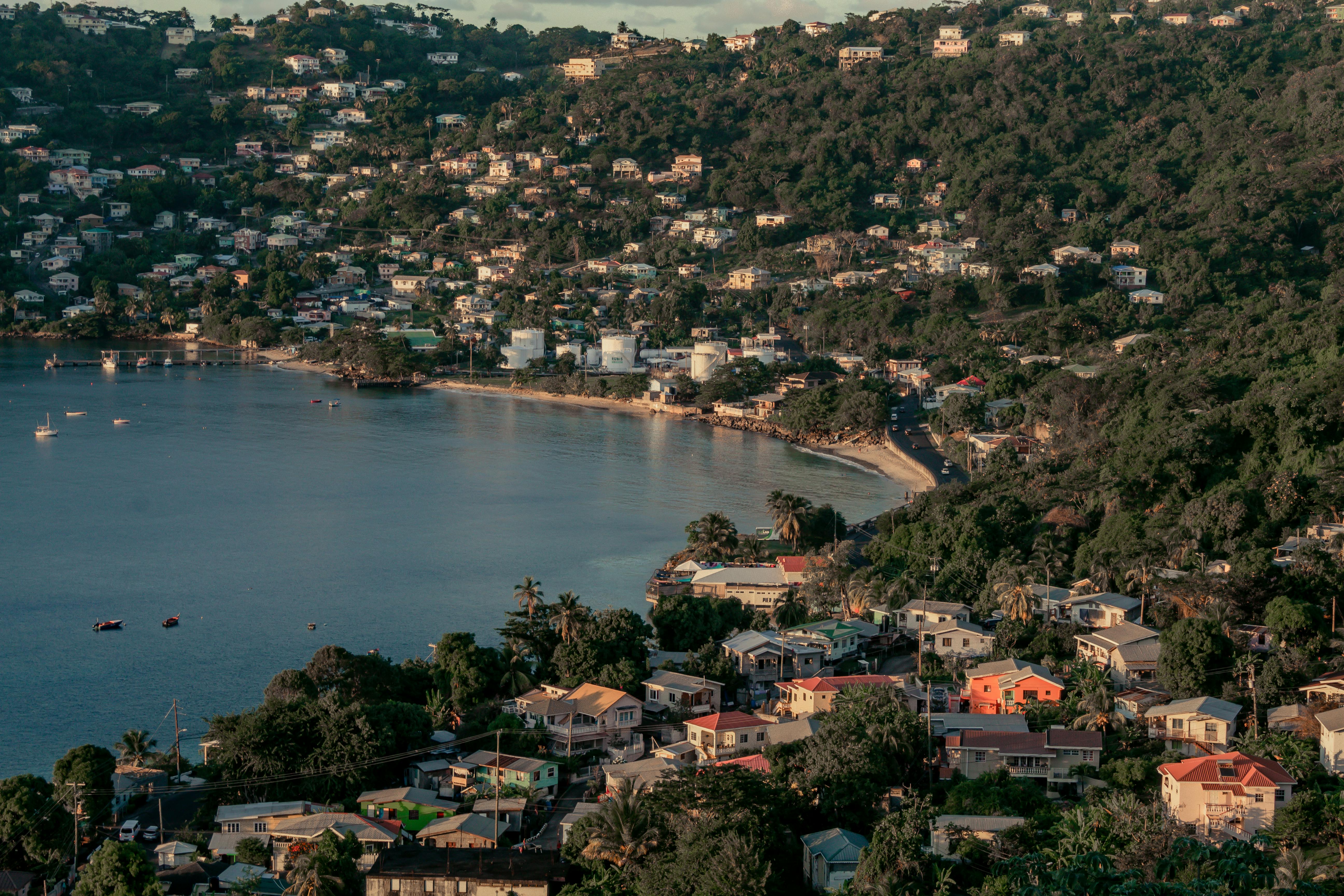 Aerial View of Houses Near Body of Water