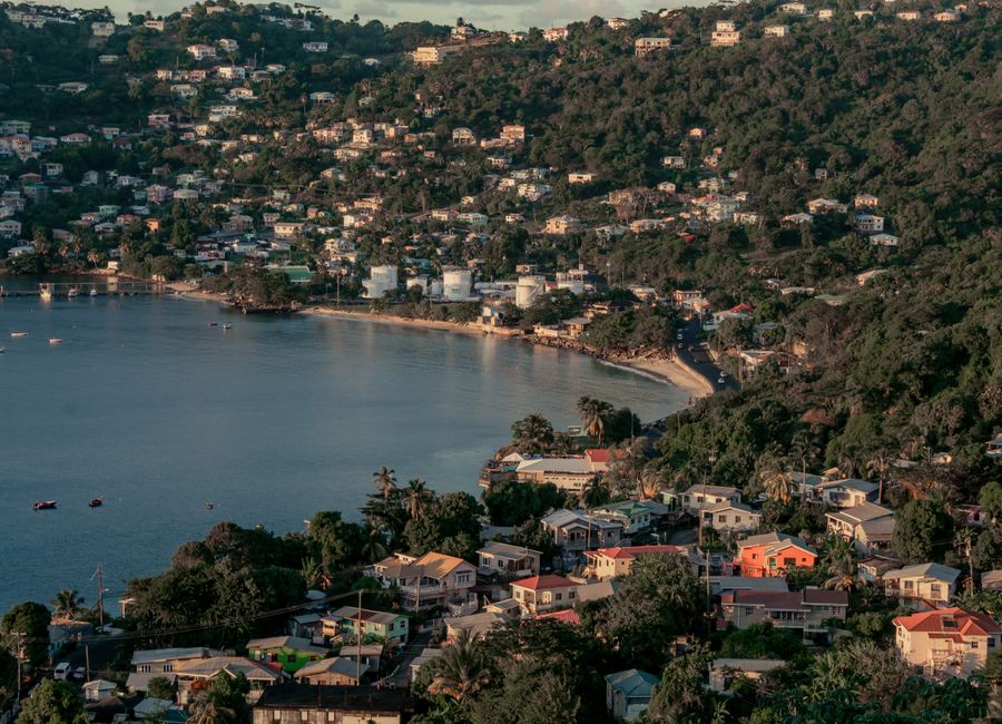 Beautiful aerial view of Grenada's lush coastline with vibrant houses and serene bay.