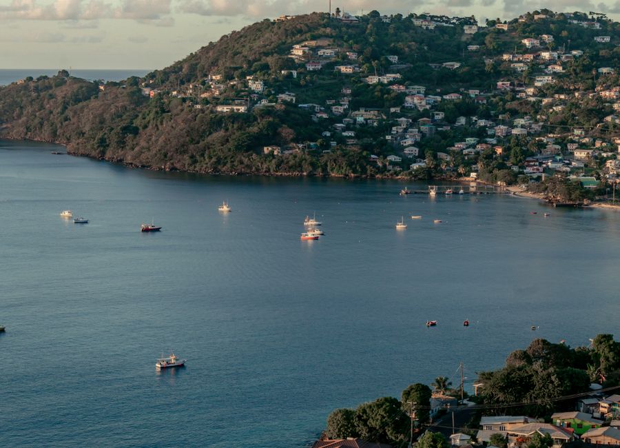 Scenic aerial view of a bay in Grenada with scattered boats and lush hills.