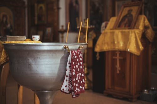 Close-up of a Baptismal Font in an Orthodox Church