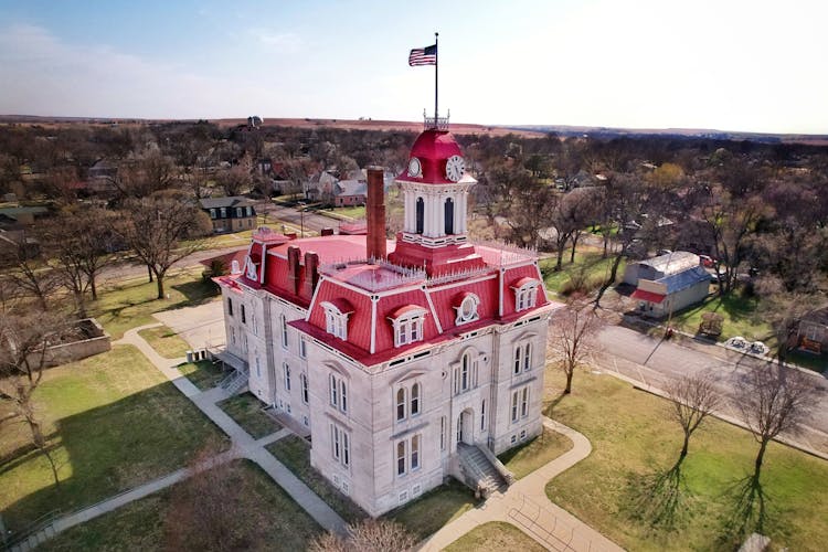 Aerial View Of Chase County Courthouse In Kansas, USA