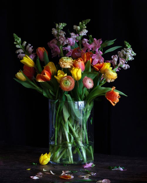 Free Bouquet of Flowers in a Clear Glass Vase Stock Photo