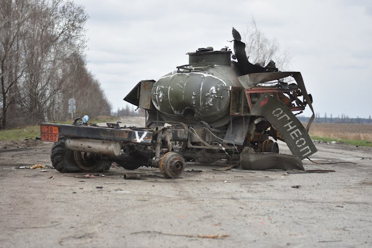 Destroyed Battle Tank On Road