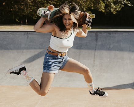 A young woman jumping with a skateboard at a skate park, exuding joy and freedom.