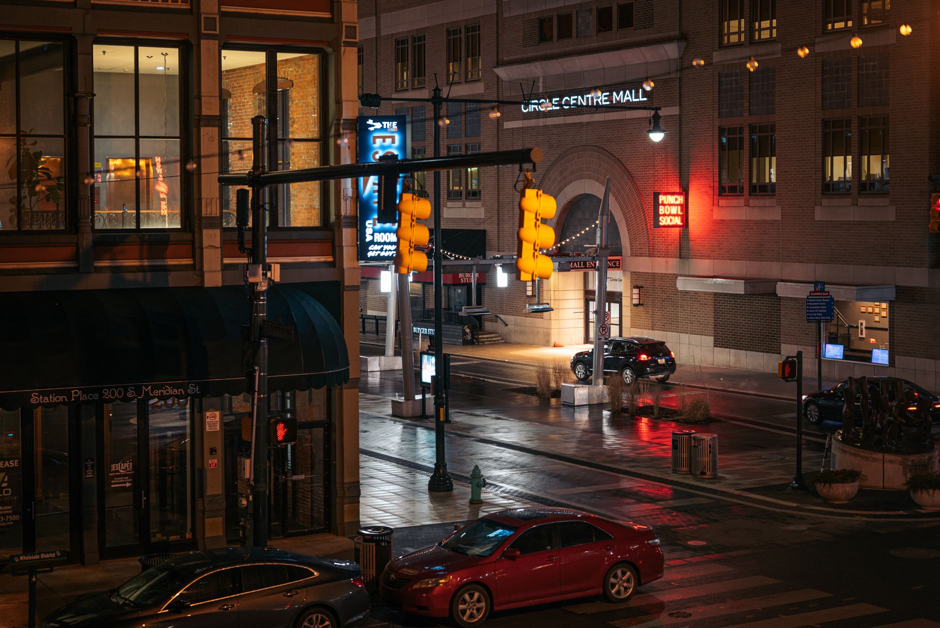 Downtown Clarksville storefronts on Franklin Street at dusk