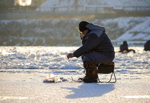 Man Sitting on Stool Ice Fishing