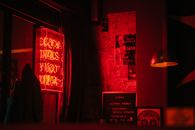 Black Frame Under Red Pendant Lamp