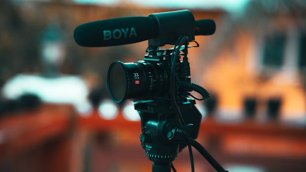 Close-up of a professional video camera mounted on a tripod with a microphone outdoors.