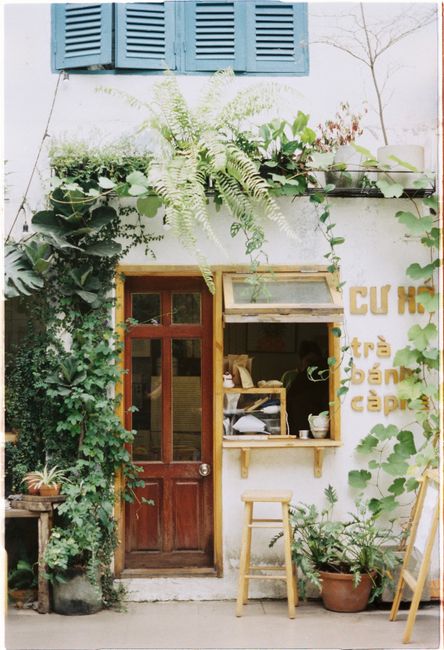 Charming rustic cafe entrance surrounded by lush greenery and plants.