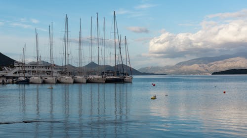 View of Yachts Moored in a Marina and Mountains in the Background 