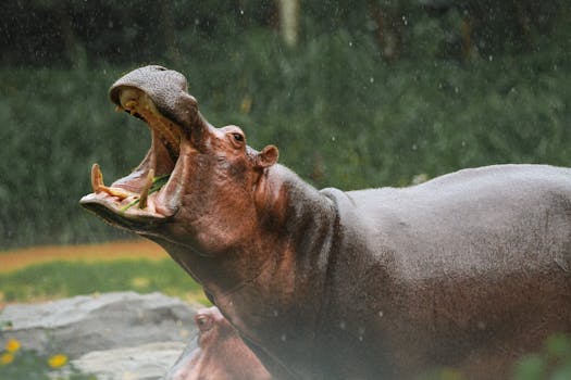 A striking image of a hippopotamus yawning widely in the rain, showcasing its massive jaw.
