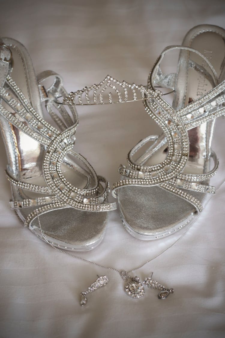 Silver Shoes, Necklace And Earring