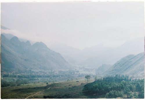 Free Scenic view of a foggy mountain valley with lush greenery and a white sky. Stock Photo