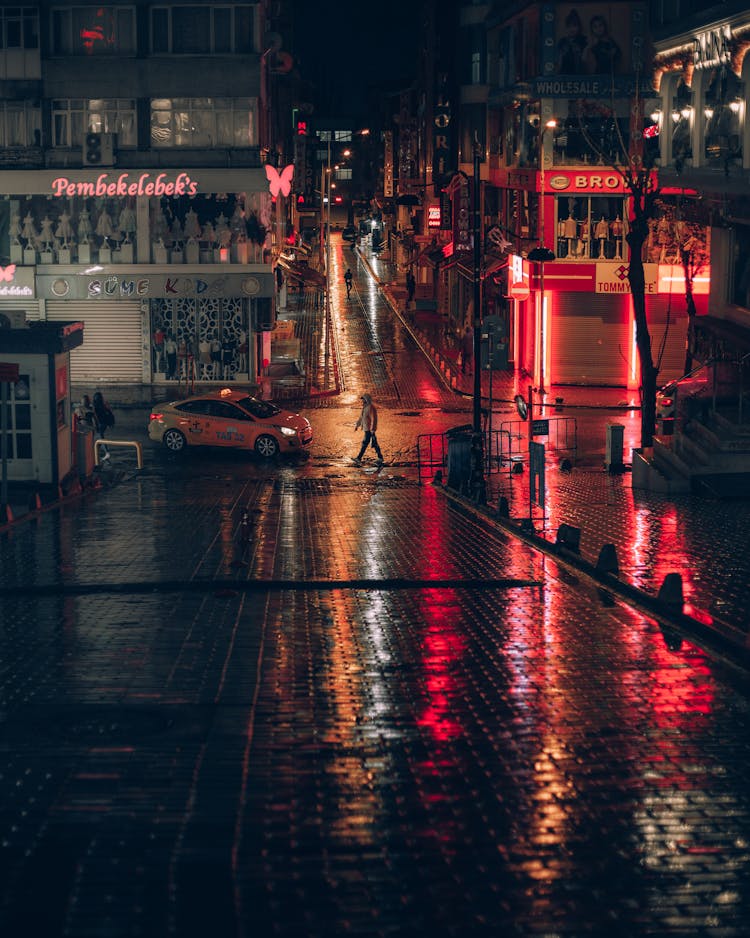 Wet Roads In A City At Night