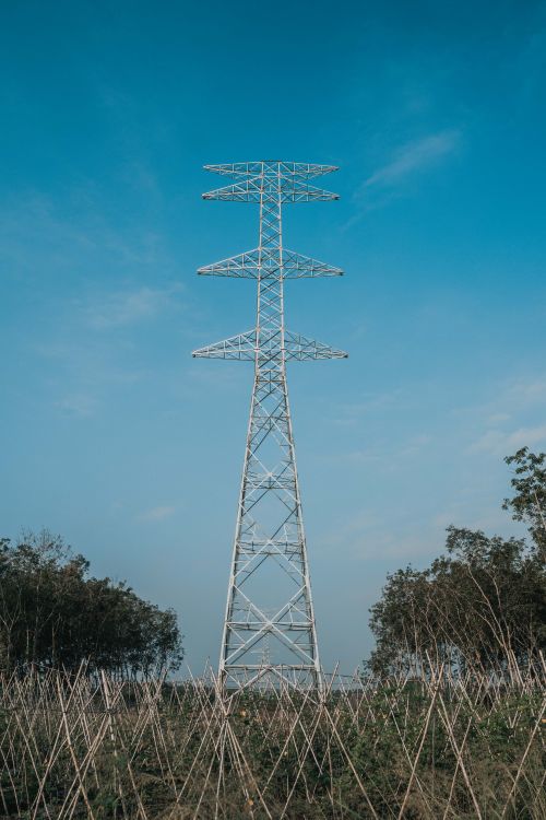 Free A tall steel transmission tower standing in an open field under a clear blue sky, surrounded by distant trees. Stock Photo