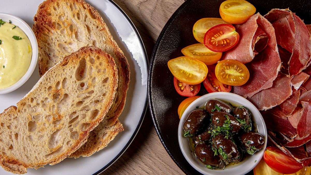 Toast with tahini and olives