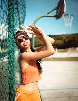 Fashionable woman in orange top and sunglasses posing by outdoor basketball court fence.