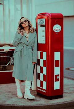 Fashionable woman in stylish coat poses by a vintage gas pump in Frankfurt, Germany.