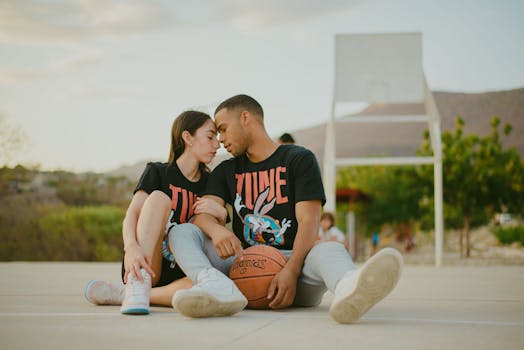 Couple sharing a tender moment on an outdoor basketball court at dusk.