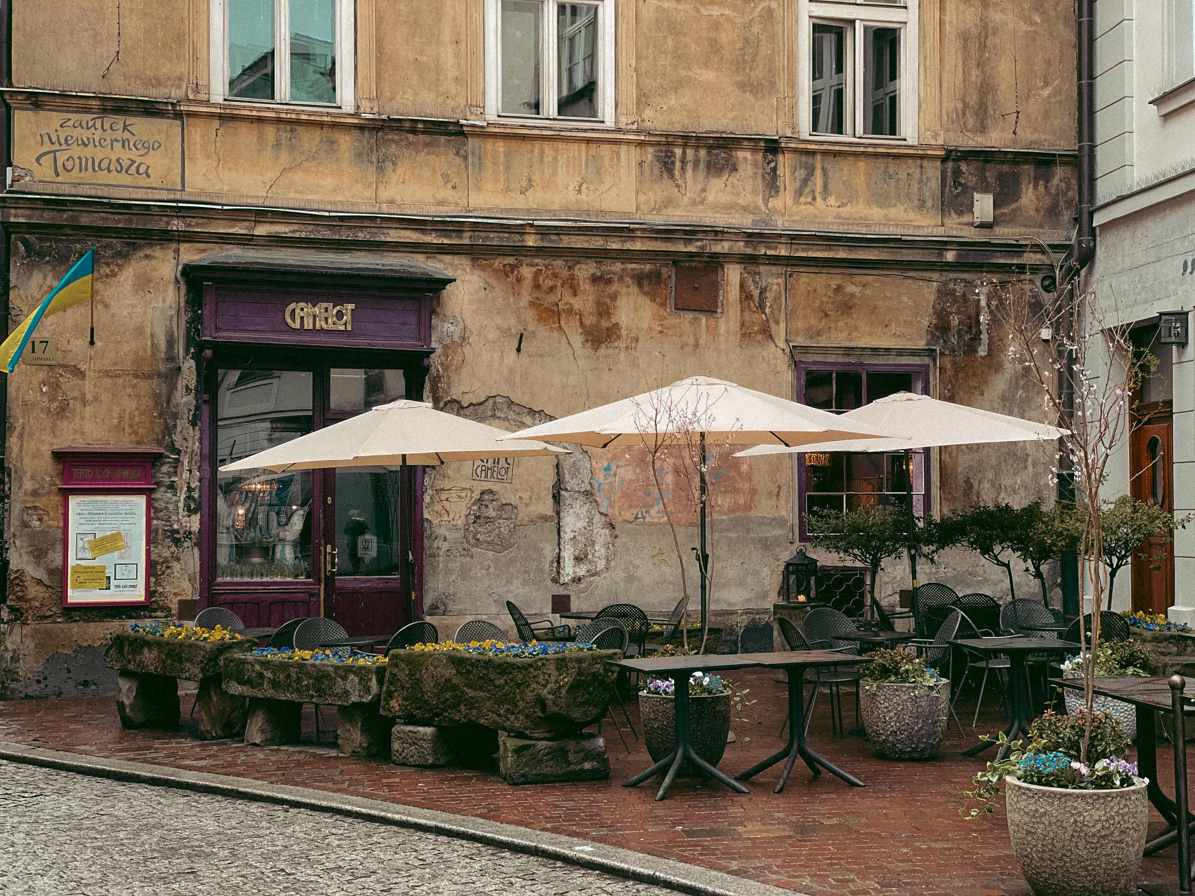 Cafe tables and old stone facades around Saripolou Square in the old town of Limassol