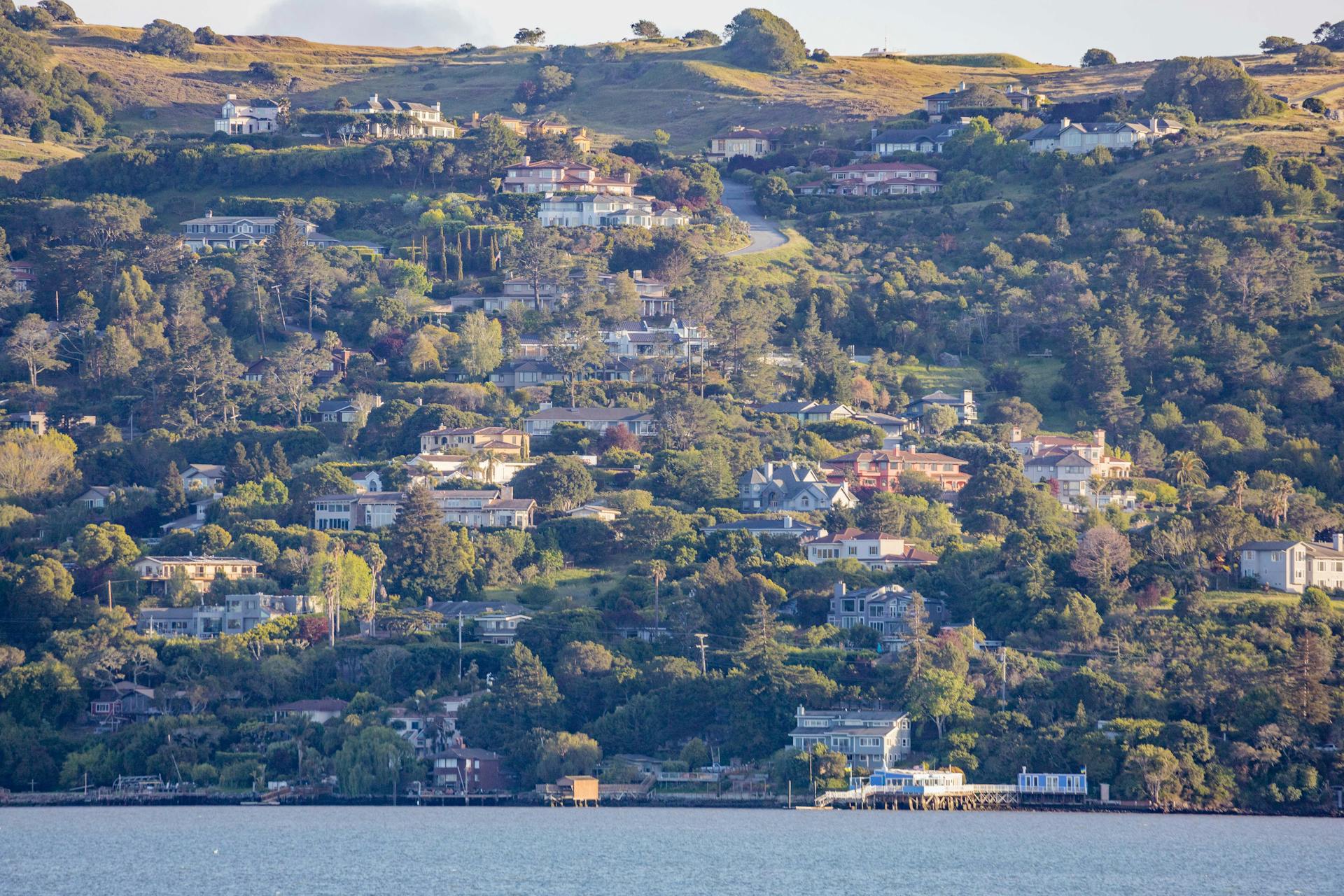 Beautiful homes nestled on a lush hillside overlooking a tranquil waterfront.