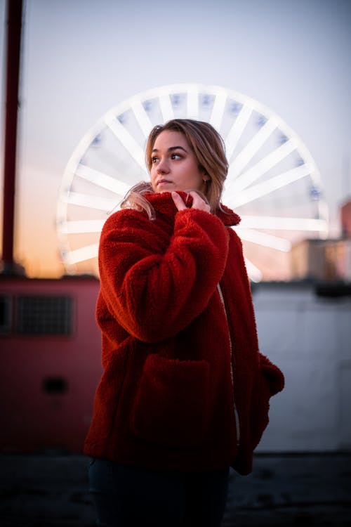 Portrait of Woman in Fluffy Red Coat